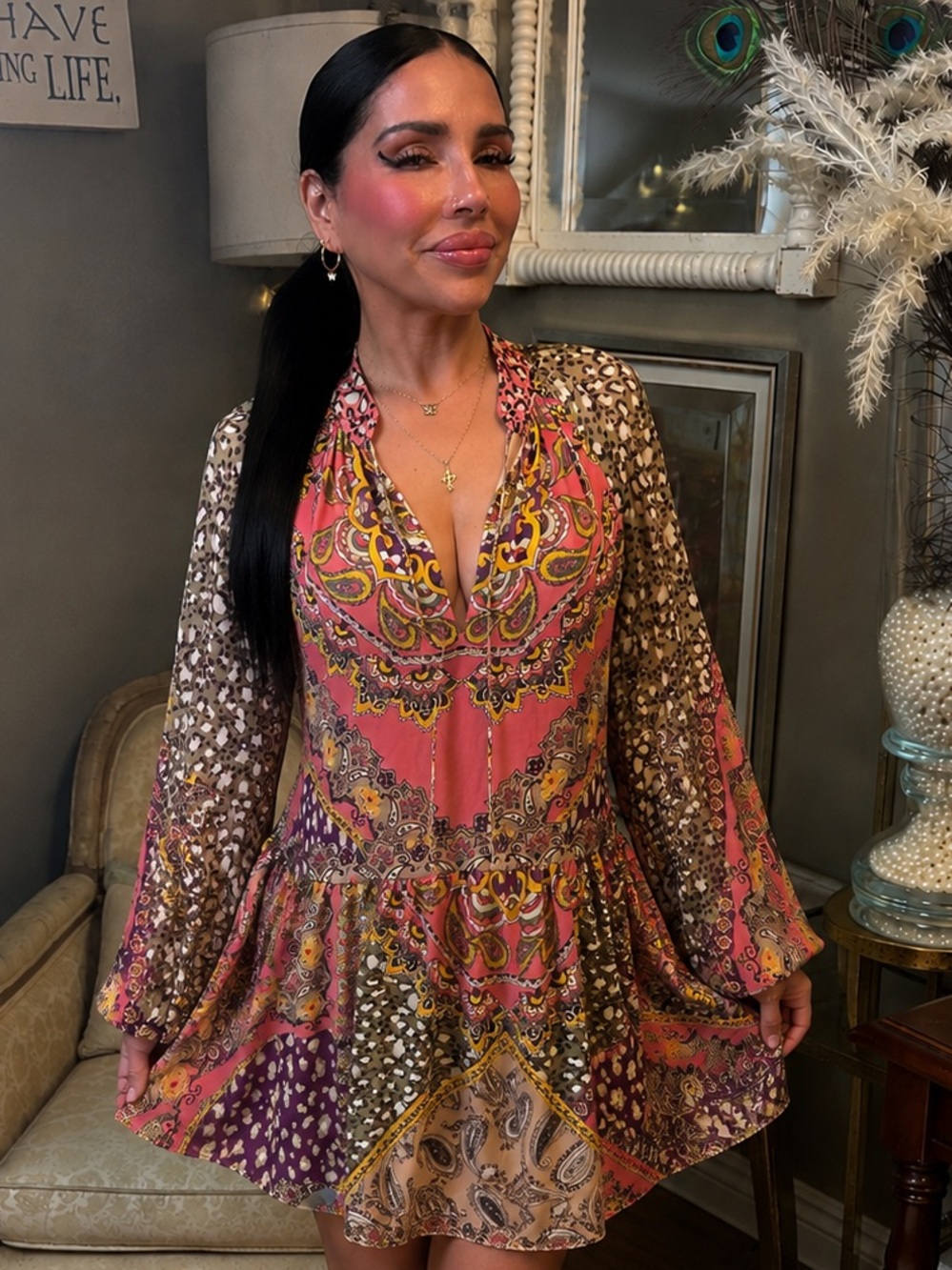 Alice + Olivia "Lillian" Paisley Print Mini Dress. Boho Romantic Festival Luxe
